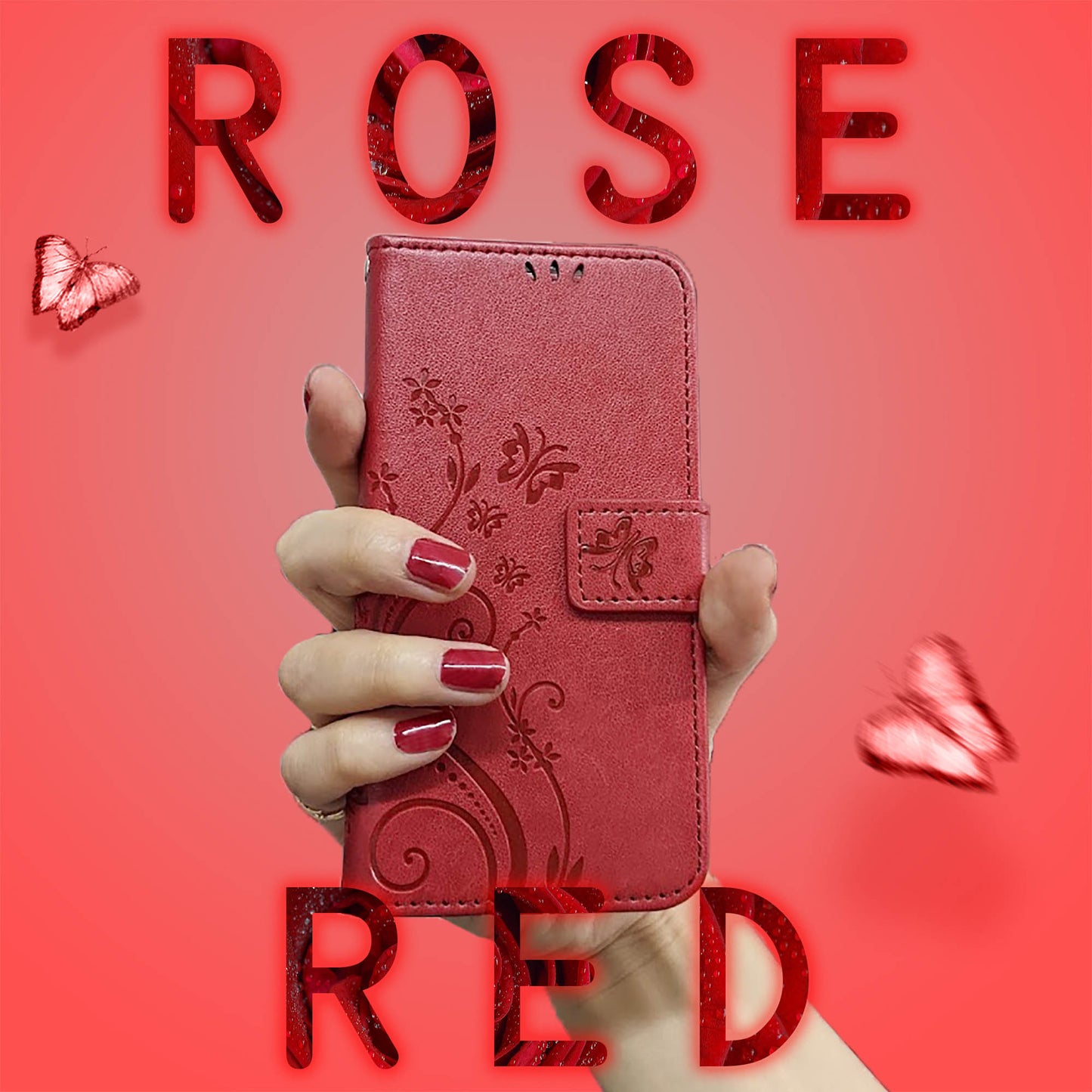 iPhone ケース 蝶 バタフライ ローズレッド 赤 手帳型 おしゃれ 安い カバー かわいい スマホケース