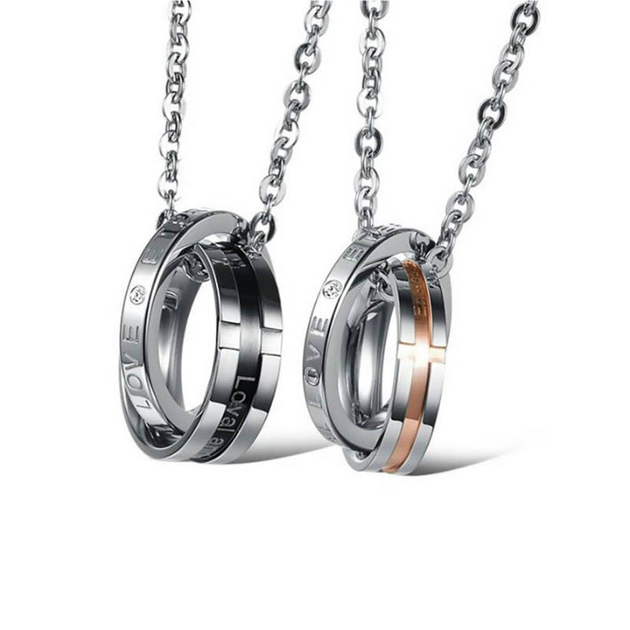 ペアネックレス シンプル ネックレス メンズ ネックレス ペア ステンレス 友達 激安 セット ペア おそろい 金属アレルギー 対応 プレゼント ペンダント シルバー ダブル あずきチェーン チェーン ジルコニア リングネックレス ダブルリング リング 刻印 送料無料