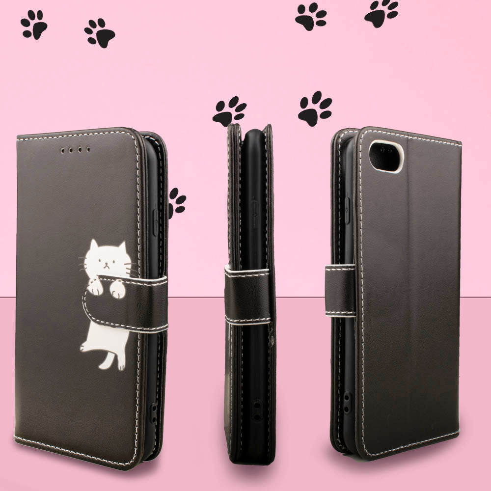 スマホケース 手帳型 かわいい ねこ ネコ 猫 人気 カバー ベルト 黒 ブラック レザー 革 送料無料 安い ケース