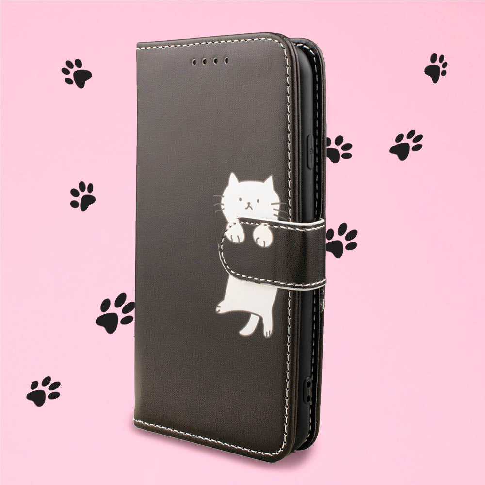 スマホケース 手帳型 かわいい ねこ ネコ 猫 人気 カバー ベルト 黒 ブラック レザー 革 送料無料 安い ケース