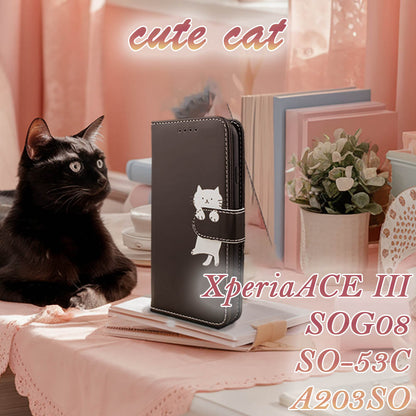 Xperia ACE III ケース 手帳型 かわいい ねこ ネコ 猫 SOG08 SO-53C A203SO 人気 カバー ベルト 黒 ブラック レザー 革 送料無料 安い スマホケース