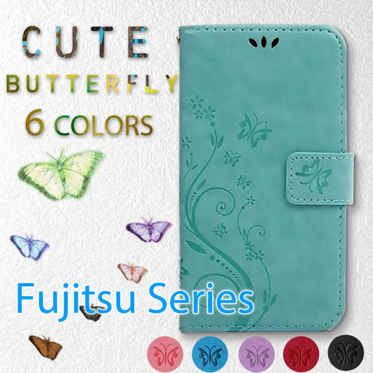 arrows we2 スマホケース 手帳型 arrowswe カバー アローズwe FCG02 F52E F51B FCG01 arrowsU arrowsJ 蝶 ピンク 緑 青 紫 赤 黒 レザー 革 カバー 富士通