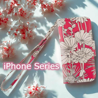 iPhone16e ケース 手帳型 iPhoneSE カバー iPhone13 SE2 SE3 SE第3世代 SE第2世代 iphone8 花柄 iphone7 6s カバー 鏡 ストラップ付 花柄 レッド 赤 フラワー ボタニカル