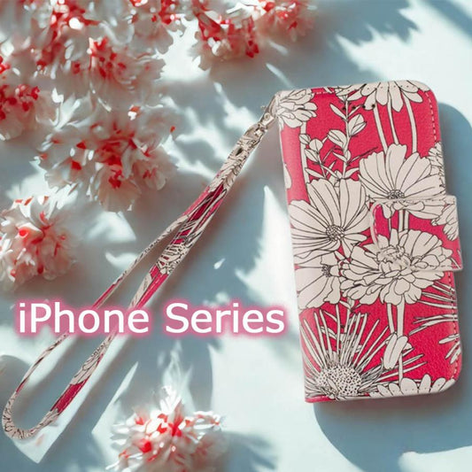 iPhone16e ケース 手帳型 iPhoneSE カバー iPhone13 SE2 SE3 SE第3世代 SE第2世代 iphone8 花柄 iphone7 6s カバー 鏡 ストラップ付 花柄 レッド 赤 フラワー ボタニカル