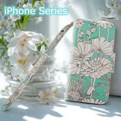 iPhone16e ケース 手帳型 iPhoneSE カバー iPhone13 SE2 SE3 SE第3世代 SE第2世代 iphone8 花柄 iphone7 6s カバー 鏡 ストラップ付 花柄 グリーン 青 水色 ブルー ミント フラワー ボタニカル