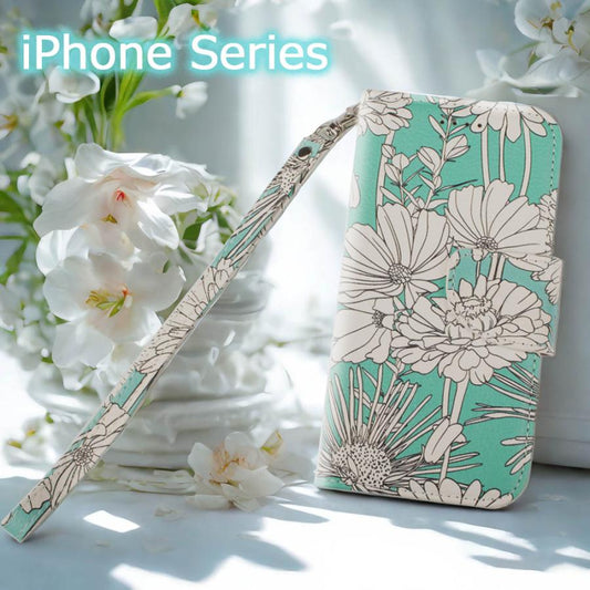 iPhone16e ケース 手帳型 iPhoneSE カバー iPhone13 SE2 SE3 SE第3世代 SE第2世代 iphone8 花柄 iphone7 6s カバー 鏡 ストラップ付 花柄 グリーン 青 水色 ブルー ミント フラワー ボタニカル