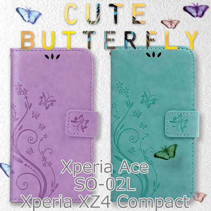 SONY XperiaAce ケース 手帳型 緑 グリーン 紫 パープル ラベンダー SO-02L エクスペリアAce カバー 蝶 花柄 バタフライ XZ4Compact かわいい  おしゃれ 型押し 安い スマホケース 送料無料