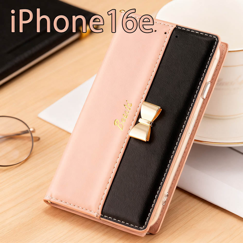 iPhone16e iPhone16 e ケース 手帳型 アイフォン16e おしゃれ ピンク Pink リボン カバー ミラー ストラップ  バイカラー かわいい 安い 革 レザー スマホケース