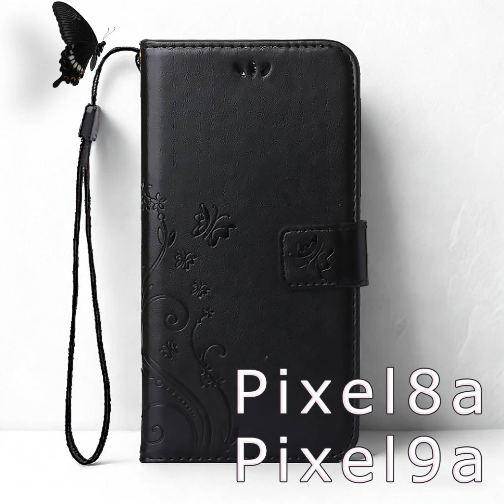 Pixel9a Pixel8a ケース 手帳型 pixel 8a pixel 9a スマホケース グーグル ピクセル9a カバー ピクセル8a レザー 革 蝶 黒 ブラック 花柄