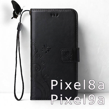 Pixel9a Pixel8a ケース 手帳型 pixel 8a pixel 9a スマホケース グーグル ピクセル9a カバー ピクセル8a レザー 革 蝶 黒 ブラック 花柄