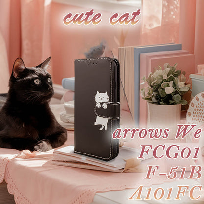 arrows We ケース 手帳型 かわいい ねこ ネコ 猫 人気 FCG01 F-51B A101FC カバー ベルト 黒 ブラック レザー 革 送料無料 安い 富士通 スマホケース