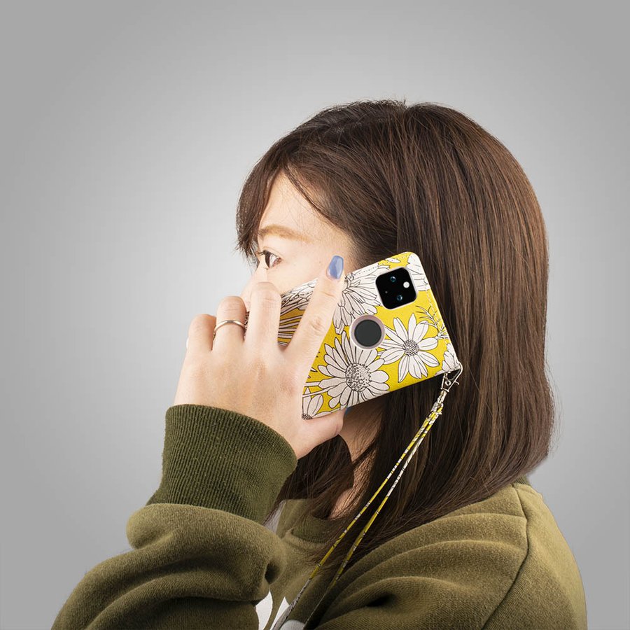Pixel4a 5g ケース グーグルピクセル4a5g カバー 4a pixel 4a ミラー ストラップ レザー 革 ボタニカル フラワー 花柄 黄色 送料無料
